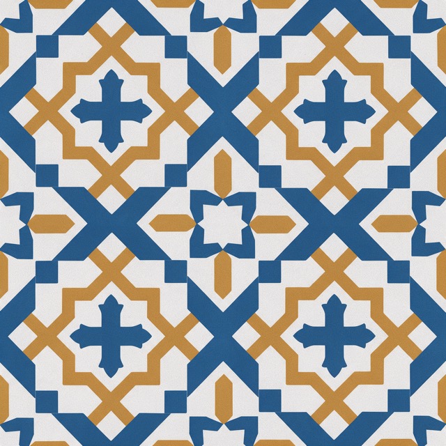 Fragmento de azulejo geométrico en azul cobalto y ocre