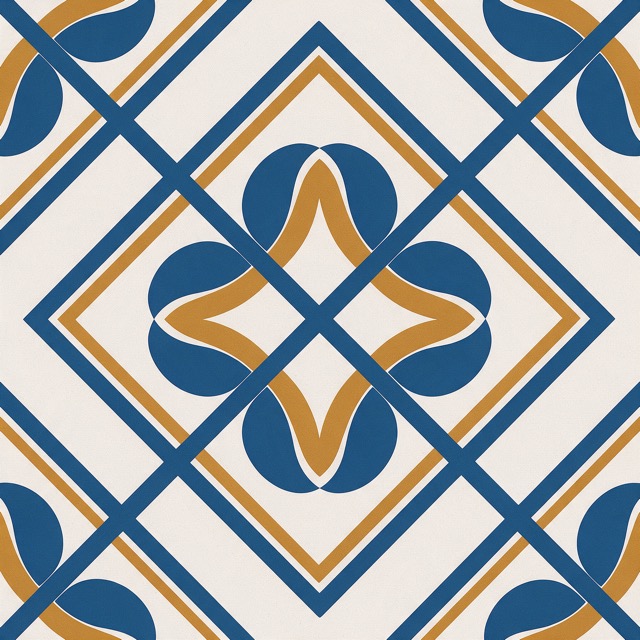 Fragmento de azulejo geométrico en azul cobalto y ocre