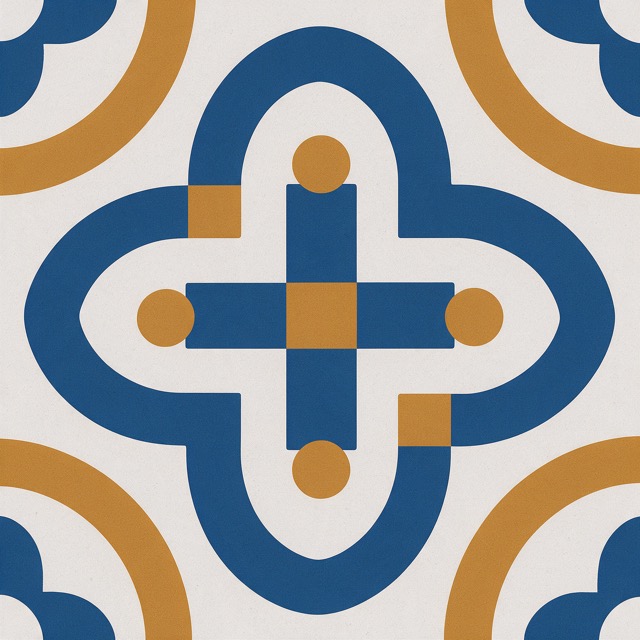 Fragmento de azulejo geométrico en azul cobalto y ocre