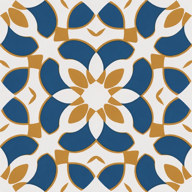 Fragmento de azulejo geométrico en azul cobalto y ocre